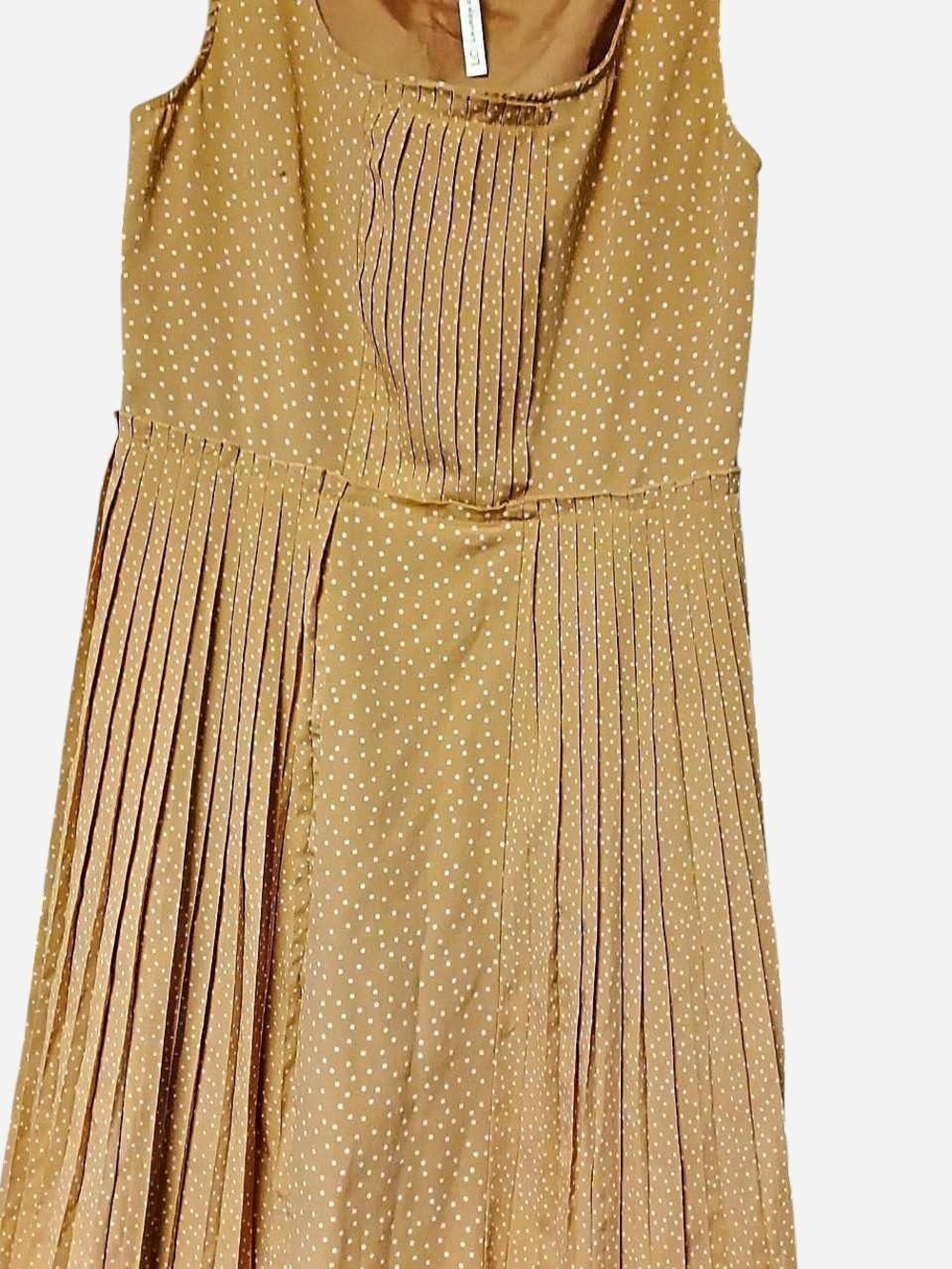 LC Lauren Conrad Tan And White Polka Dot Pleated Midi Dress Size 8